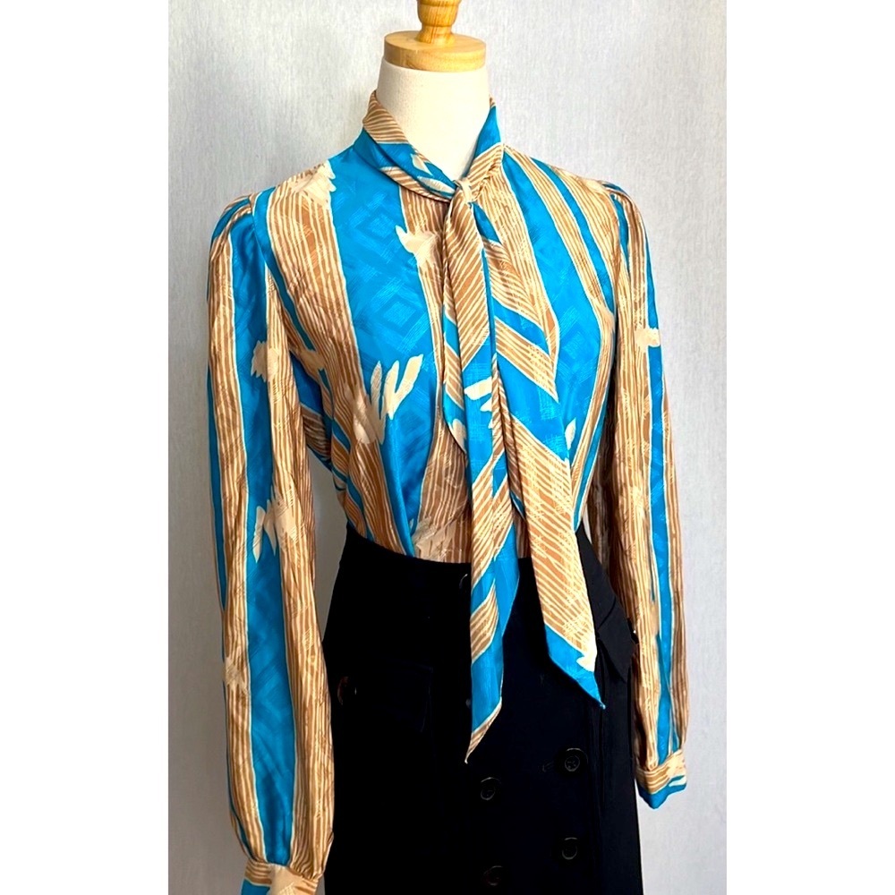 Vintage Jaymee Papell tie front puff sleeve button down blouse secretary top